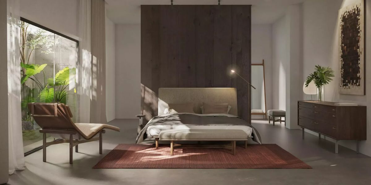 Architectural District Eight bed frame in solid fumed oak with hand-carved details, modern designer furniture in Singapore.